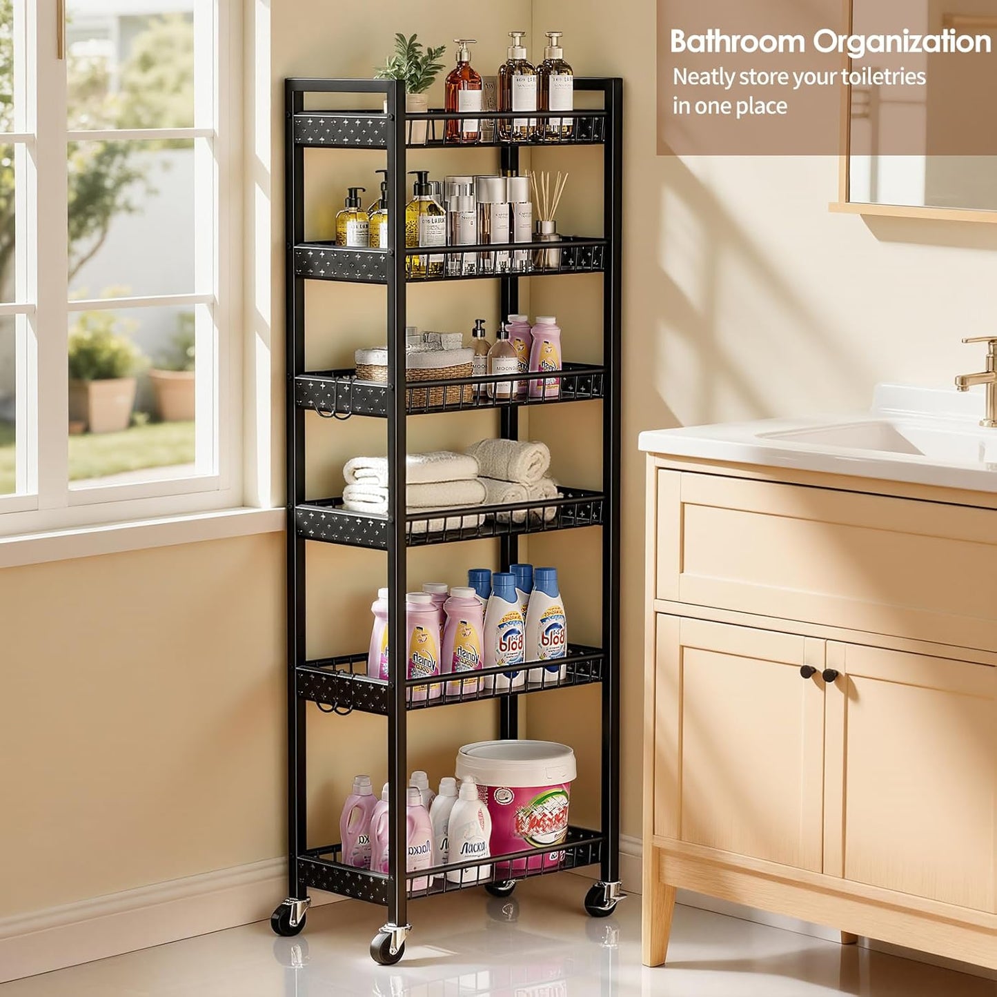 6 Tier Slim Storage Cart, Narrow Rolling Cart with Wheels, Narrow Mobile Utility Shelf Unit Organizer for Kitchen, Bathroom, Laundry Room, Living Room, Small Places, 10In(W), Black