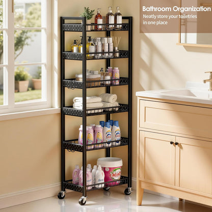 6 Tier Slim Storage Cart, Narrow Rolling Cart with Wheels, Narrow Mobile Utility Shelf Unit Organizer for Kitchen, Bathroom, Laundry Room, Living Room, Small Places, 10In(W), Black