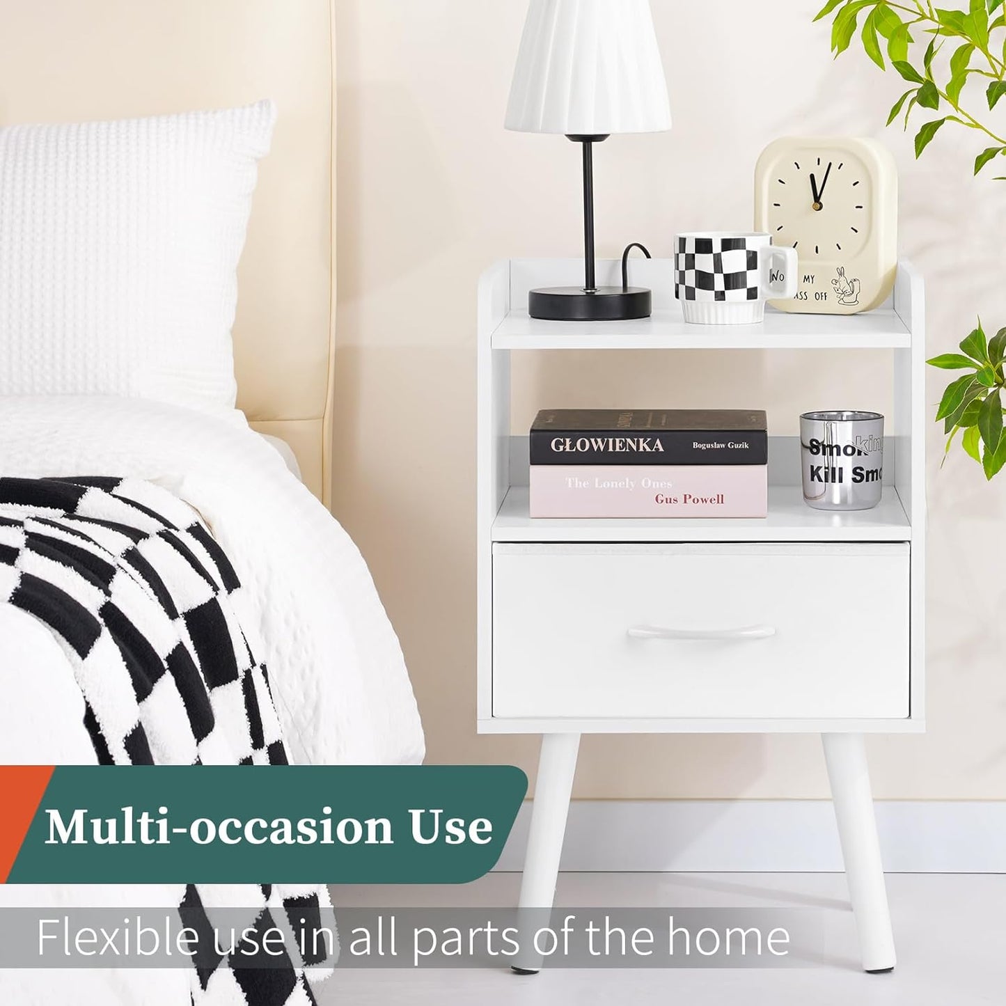 Modern Nightstand with Drawer, Bedside Tables, Mid Century Nightstands with Open Storage Shelf, Wood Bedside Table, Small Night Stands for Bedrooms, 2-Tier Night Table
