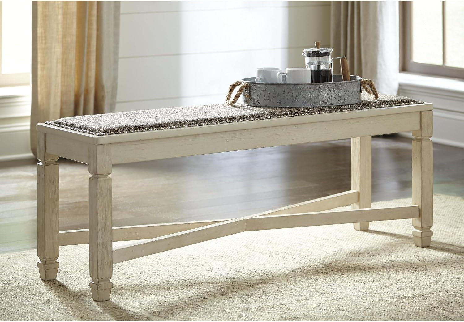 Bolanburg French Country Upholstered Dining Room Bench, Antique White