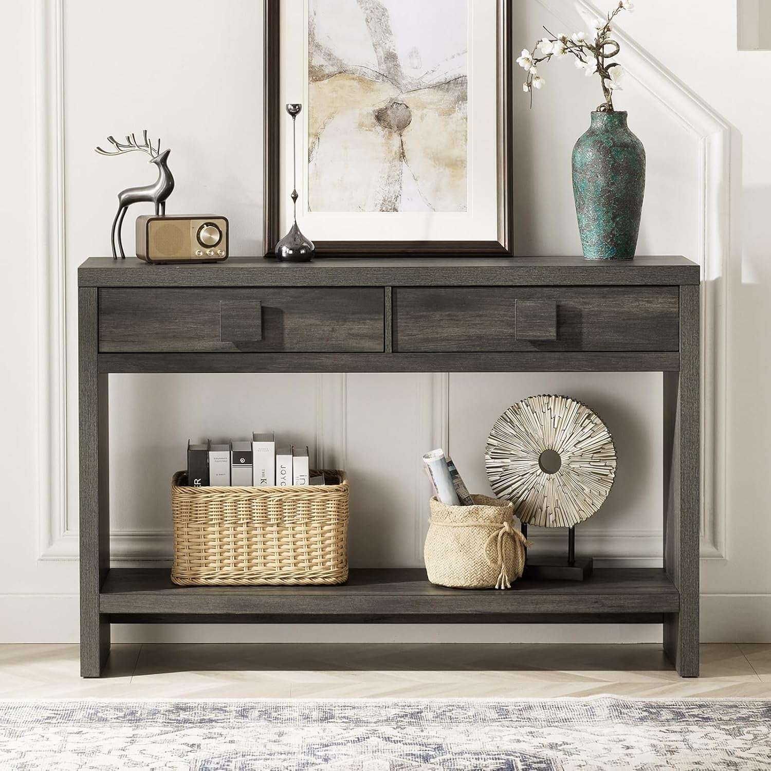Console Table with Drawers, 47 Inch Narrow Entryway Table with Open Storage Shelves, Mid Century Modern Hallway Accent Tables behind Couch Table for Living Room (Black Smoky)