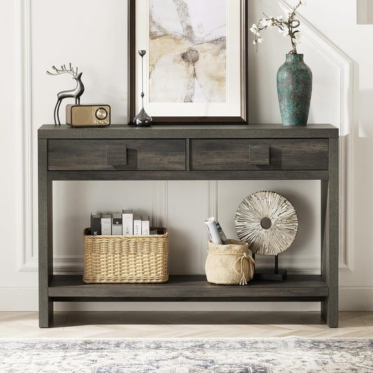 Console Table with Drawers, 47 Inch Narrow Entryway Table with Open Storage Shelves, Mid Century Modern Hallway Accent Tables behind Couch Table for Living Room (Black Smoky)