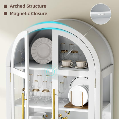 71 Inch Arched Curio Cabinet, 4-Tier Display Cabinet and 2 Drawers, Tall Bookcase with 3 Color Lights, Display Case with Glass Doors, Kitchen Pantry, White