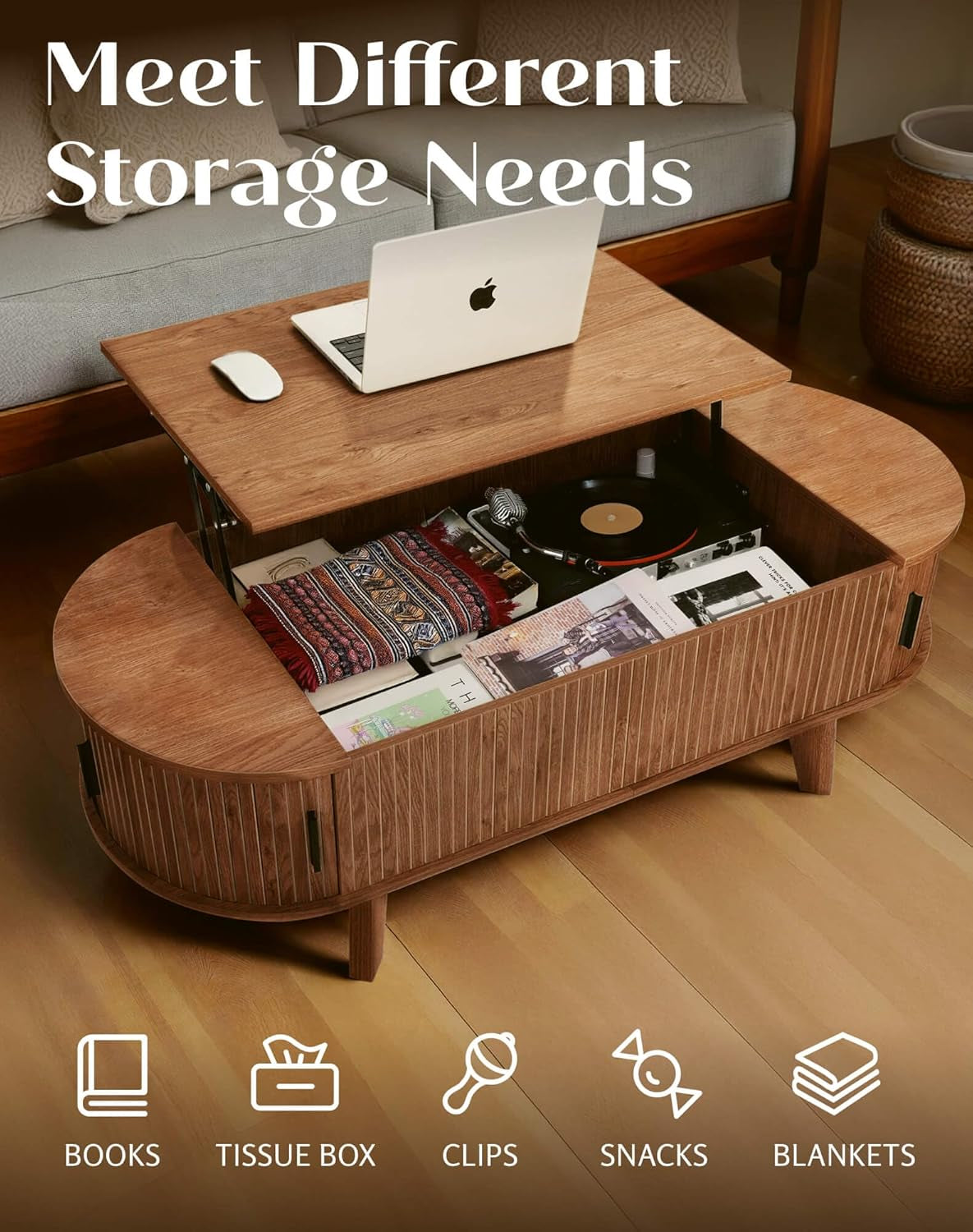 Oval Lift Top Coffee Table with Storage, 47.2" Mid Century Modern Living Room Center Table with 180° Sliding Tambour Door, Wood Fluted Coffee Table for Home Office, Walnut