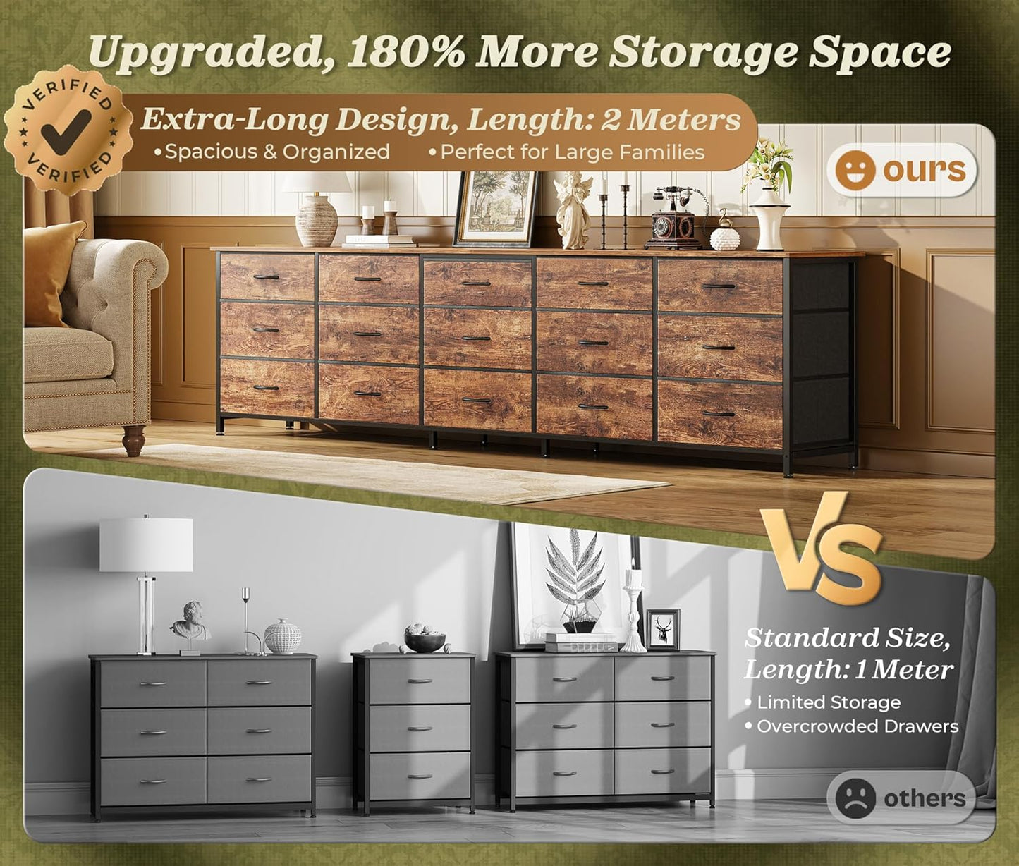 78.7 Inch Long Dresser for Bedroom, 15 Drawer Fabric Dresser for Closet, Large TV Stand for 65, 75, 85 Inch TV, Wide Chest of Drawer with Storage, 78.7" W X 12.9" D X 26.7" H, Rustic Brown