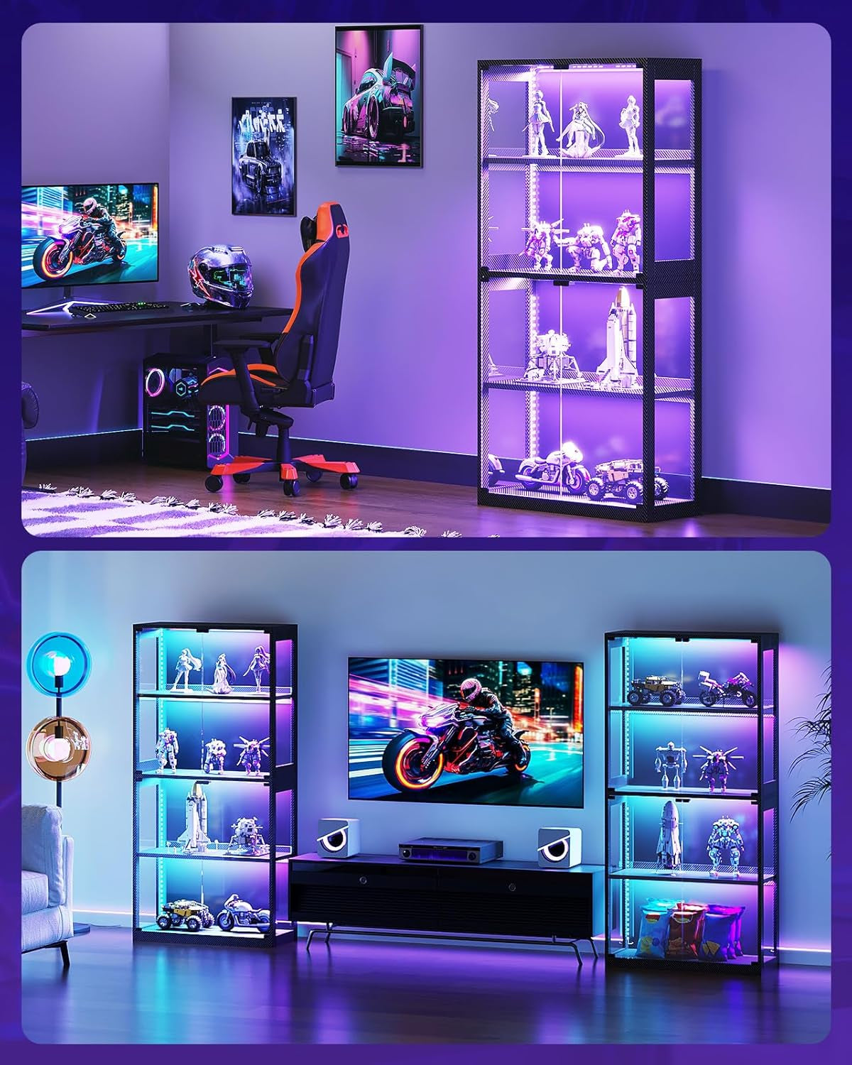 Display Cabinet with RGB Lights, 4-Tier Display Case with Glass Doors and Storage Shelves, Glass Cabinet Shelf for Collectibles and Gamers, Black Curio Cabinet for Game Room