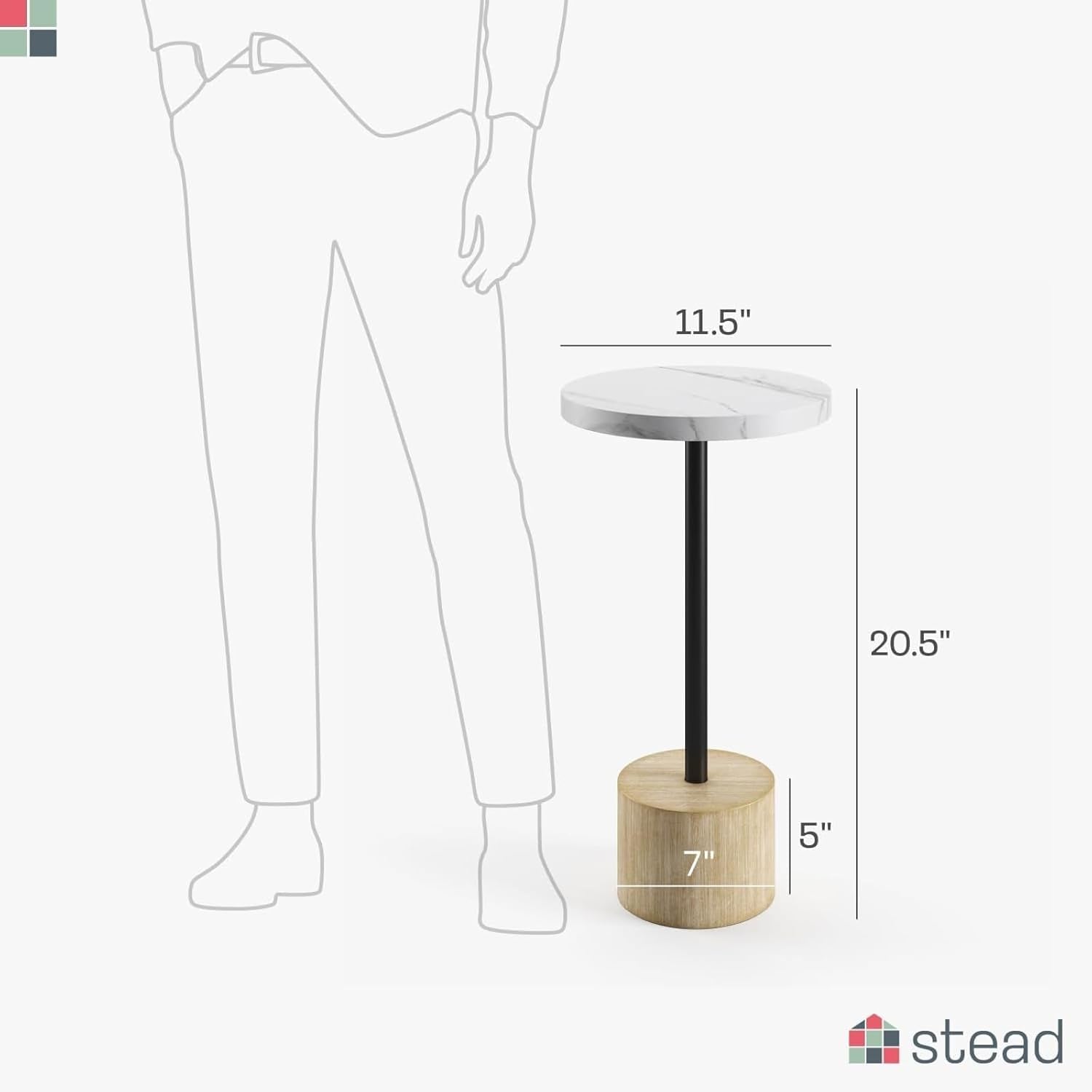 Round Metal Drink Table, Pedestal Drink Desk, Modern Home, Bedroom, and Living Room Furniture, Small Metal Side Table with Cylindrical Light Brown Base, Pedestal Desk (Faux Marble Top)