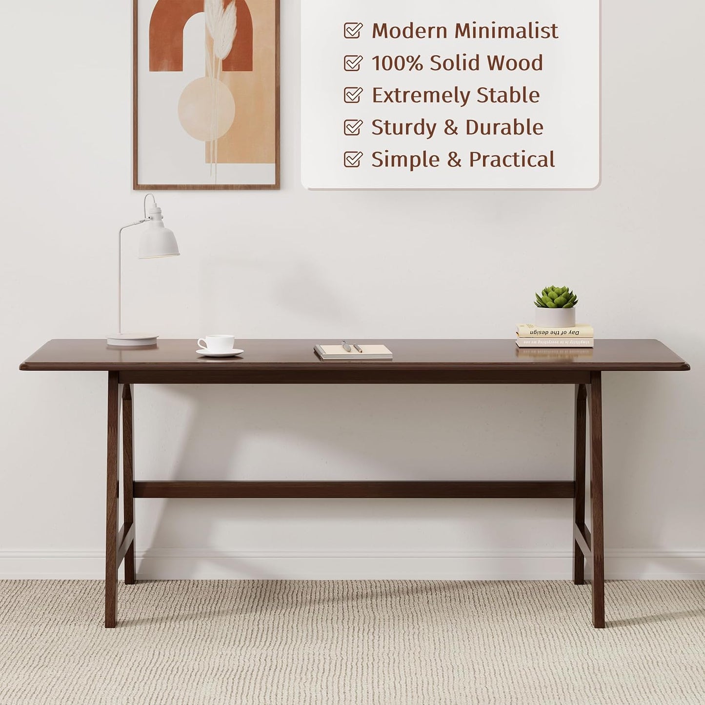 Solid Wood Writing Table - 48" W X 24" D Minimalist Computer Desk for Home Office, Work, Study, Creativity, and PC Workstation, Walnut