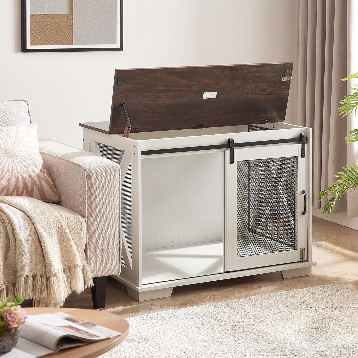Dog Crate Furniture with Sliding Barn Door, Dog Crate Tv Stand with Detachable Divider, Flip Top Plate Dog House, Decorative Side End Tablefor Small/Medium/Large Dog (White + Mdf+Meta)