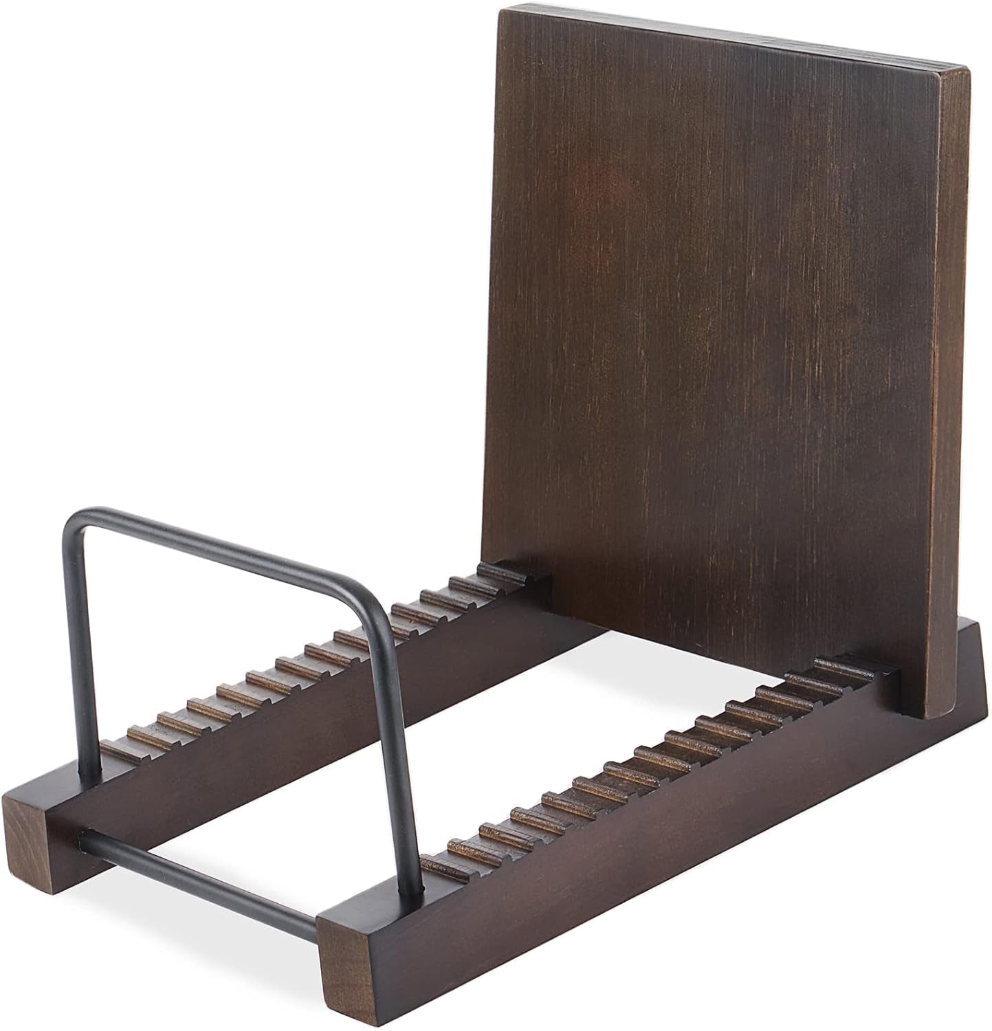Vinyl Record Storage Holder Modern Album Display Solid Wood Stand with Black Metal Rack Farmhouse Home Decor Organizer for Vinyl Record, Holds up to 30 Albums, 11.8''L X 7''W X 8.7''H, Brown