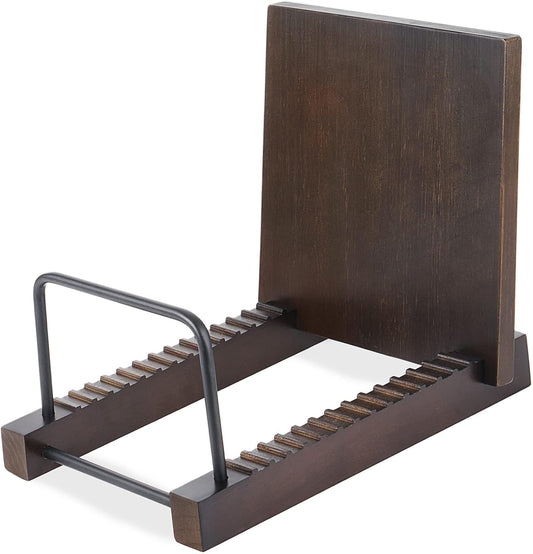 Vinyl Record Storage Holder Modern Album Display Solid Wood Stand with Black Metal Rack Farmhouse Home Decor Organizer for Vinyl Record, Holds up to 30 Albums, 11.8''L X 7''W X 8.7''H, Brown