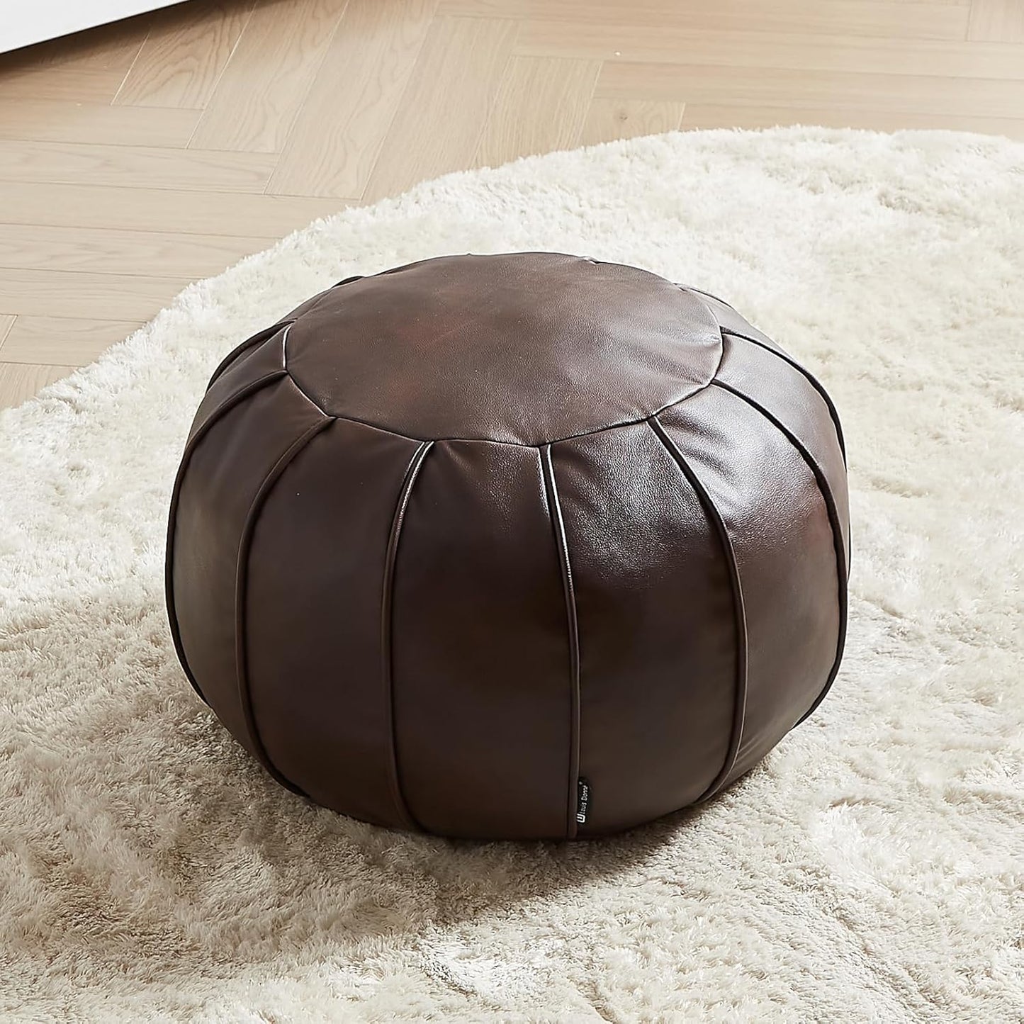 Brown Waterproof Faux Leather Unstuffed Pouf Ottoman, Handmade Moroccan Pouf Cover 21"X13", round Floor Cushion Floor Chair Footstool for Living Room, Bedroom and Wedding (Only Cover)