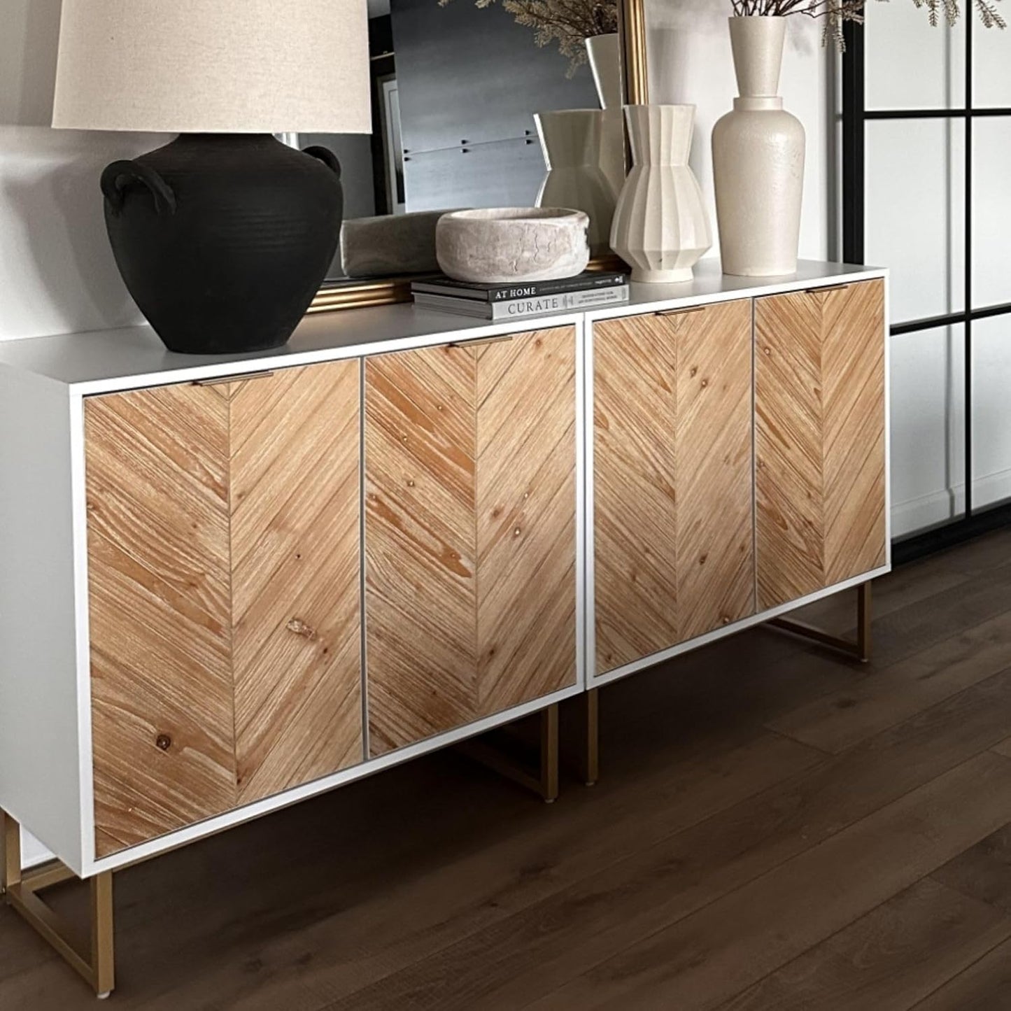 Enloe Modern Storage Free Standing Accent Cabinet White with Doors in a Rustic Pine Wood Finish and Gold Powder-Coated Metal Base for Hallway, Entryway or Living Room, Brown/White/Gold
