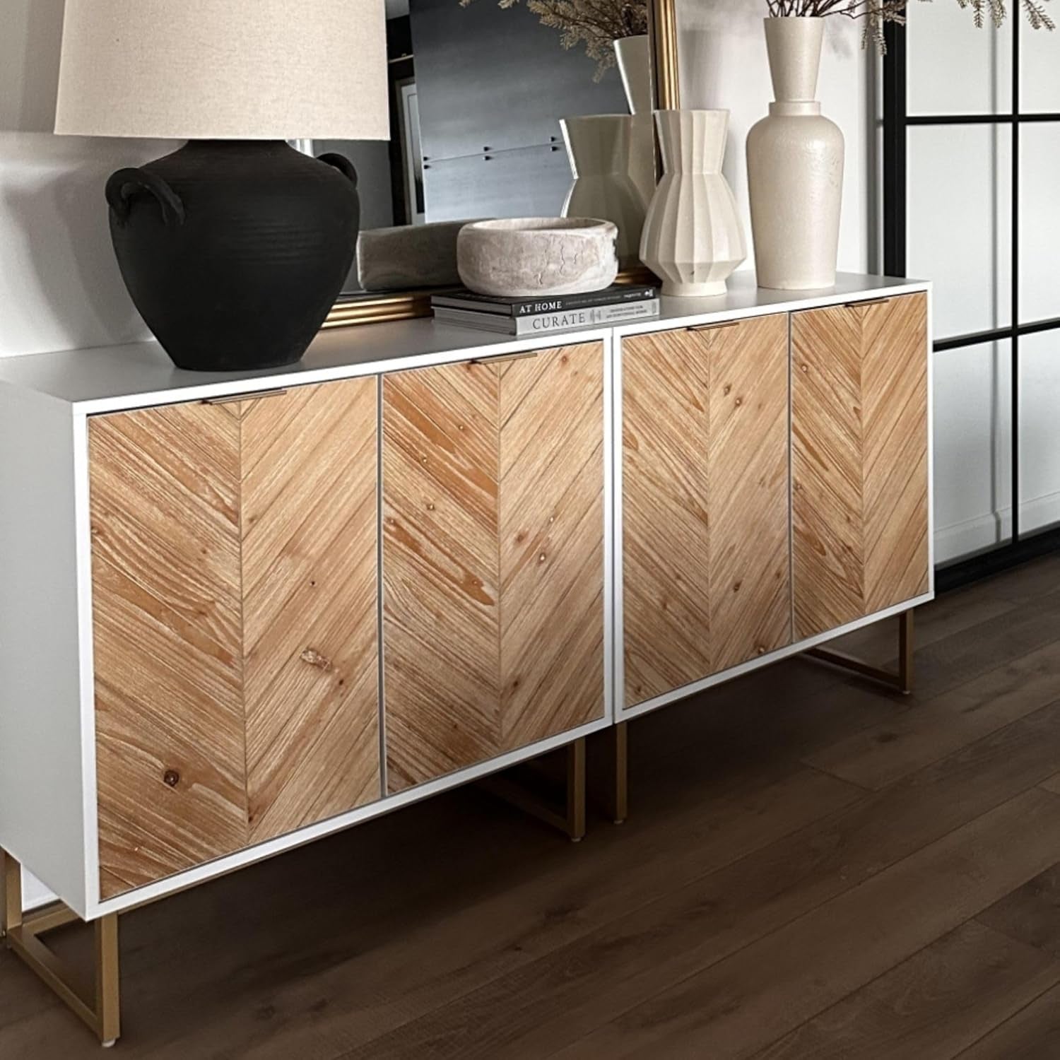 Enloe Modern Storage Free Standing Accent Cabinet White with Doors in a Rustic Pine Wood Finish and Gold Powder-Coated Metal Base for Hallway, Entryway or Living Room, Brown/White/Gold