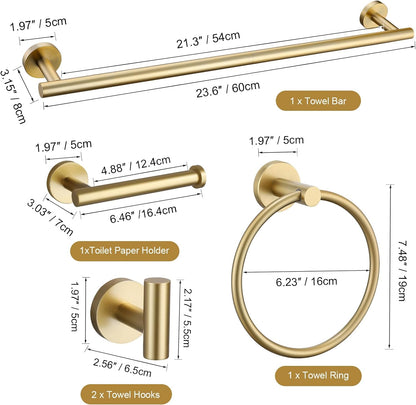 Brushed Gold 5 Piece Bathroom Hardware Set, SUS304 Stainless Steel 24 Inch Bath Towel Bar Set, round Bathroom Accessories Kit Wall Mounted