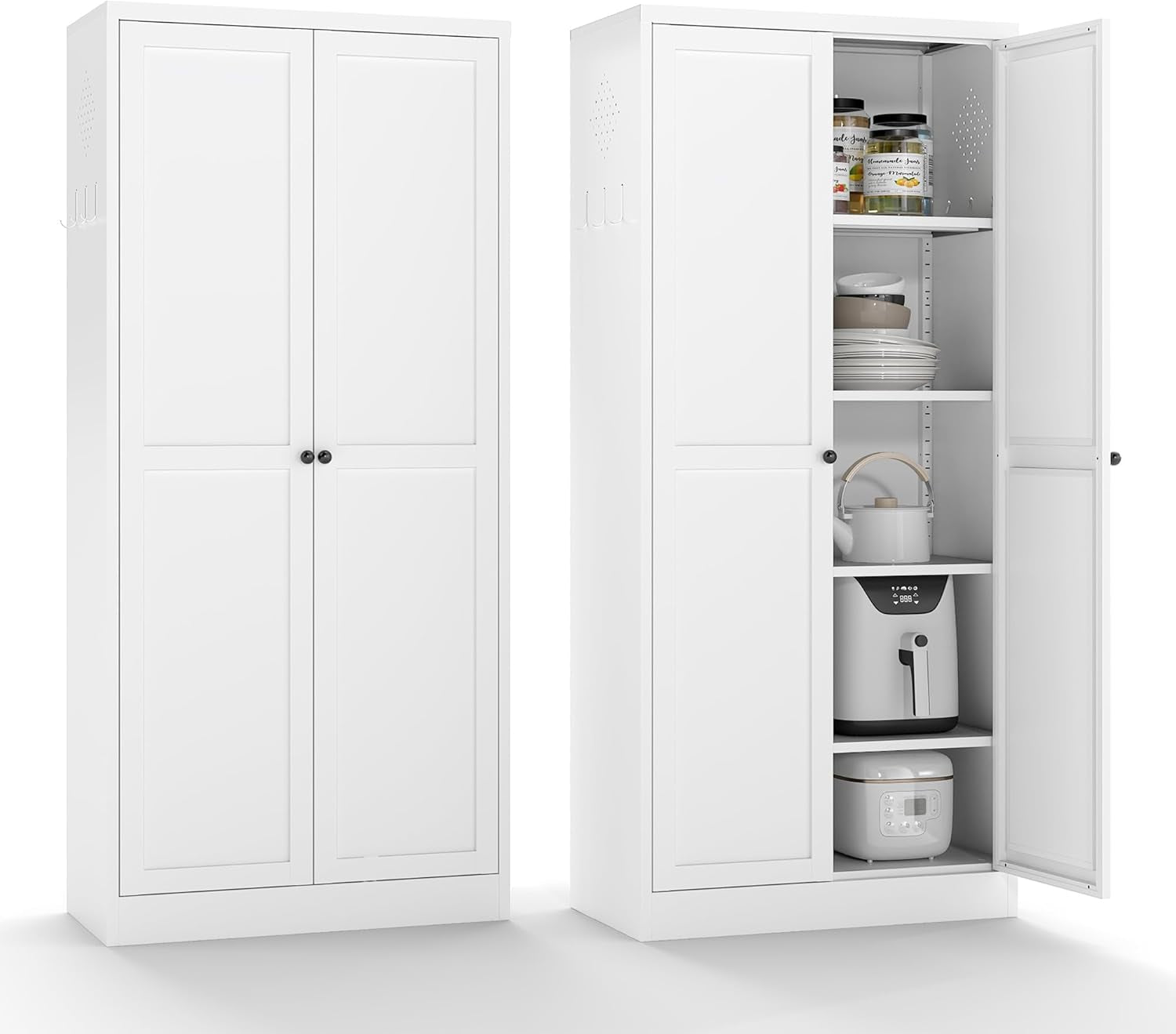 Kitchen Pantry Cabinet,61" White Pantry Storage Cabinet with 4 Tier Adjustable Shelves and 2 Doors,Freestanding Cupboard,Metal Pantry Cabinets with Handle for Living Room Kitchen Assembly Required