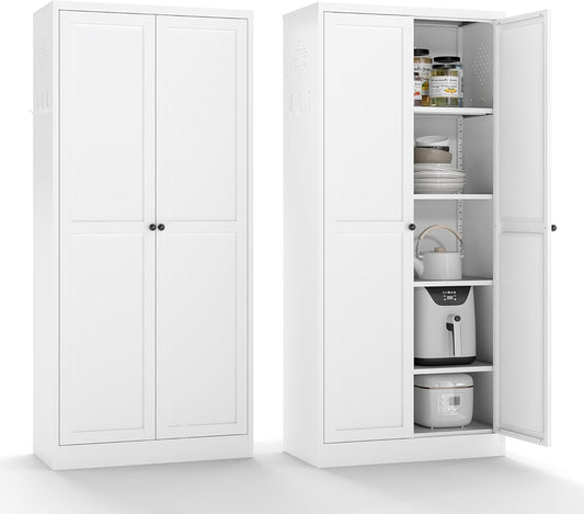 Kitchen Pantry Cabinet,61" White Pantry Storage Cabinet with 4 Tier Adjustable Shelves and 2 Doors,Freestanding Cupboard,Metal Pantry Cabinets with Handle for Living Room Kitchen Assembly Required