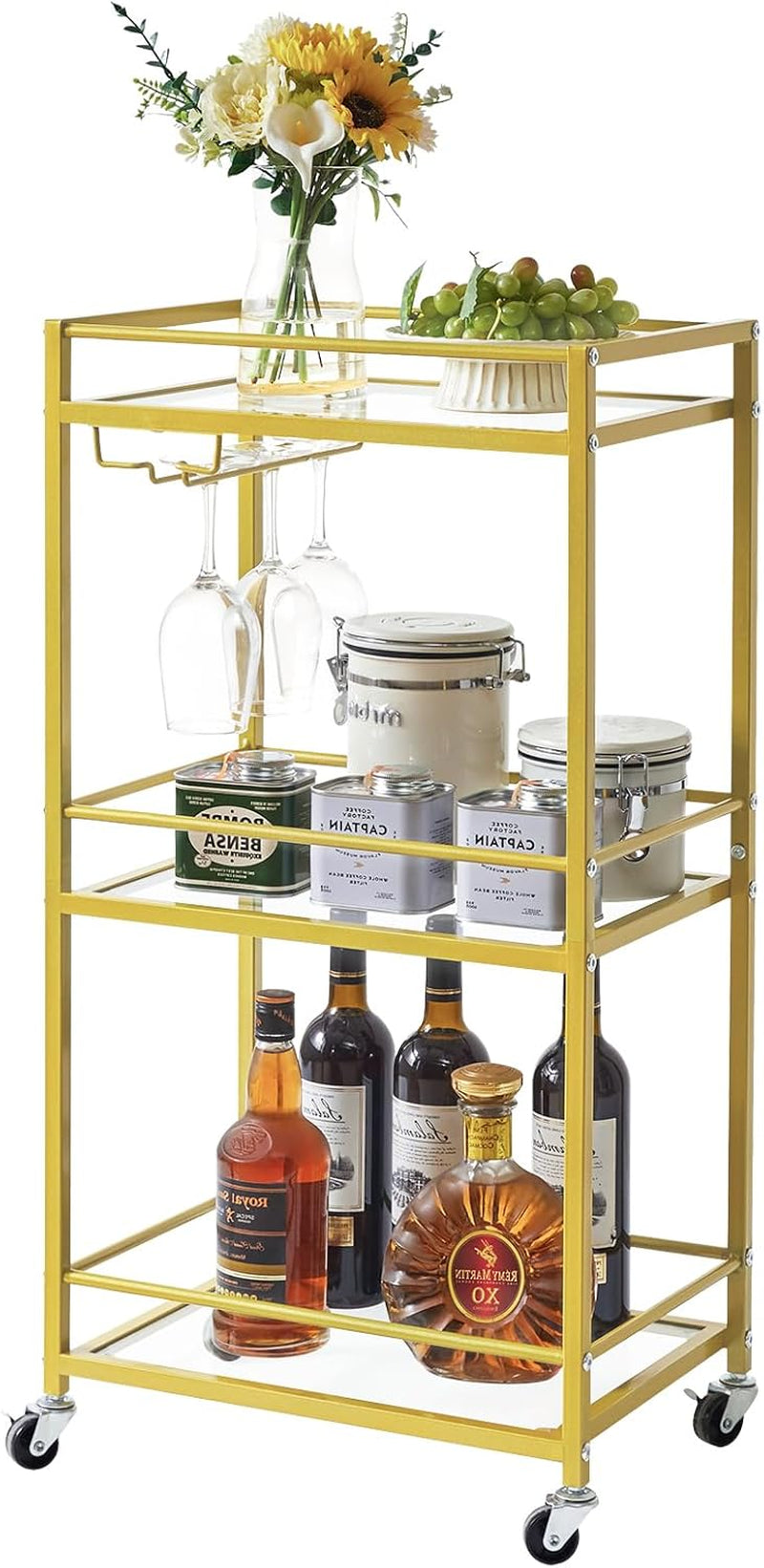 Home Bar Serving Cart,Small Bar Cart with 3-Tier Glass Shelf, Mobile Drink Shelf with Wine Holders and Glass Holders,Mini Bar for Outdoor, Small Space, Kitchen Gold TMJ519G