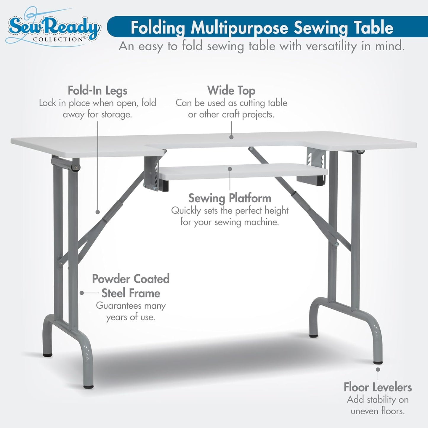 Folding Multipurpose Sewing Table - 47.5" W X 28" D Foldable White Hobby and Sewing Machine Table with Adjustable Shelf - Can Also Be Used as Computer Desk