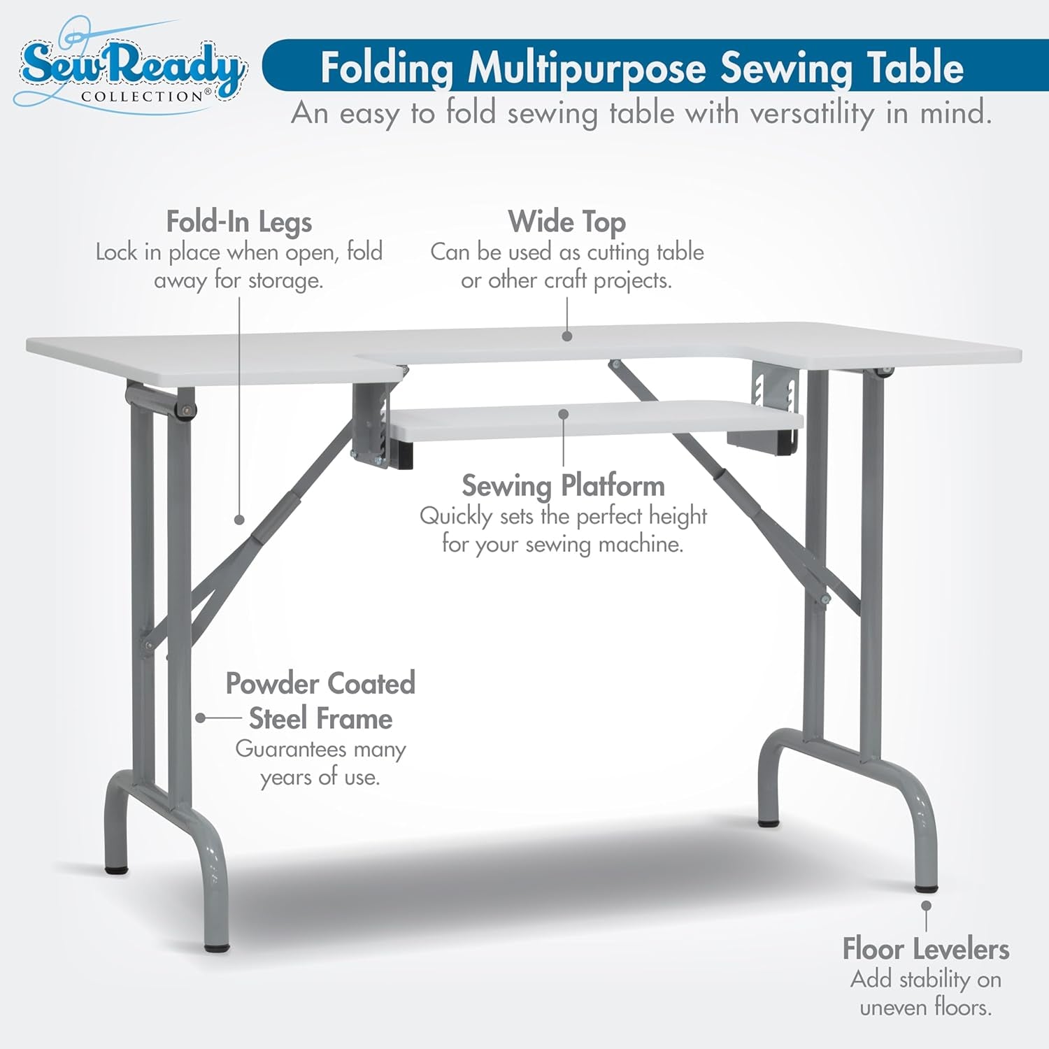 Folding Multipurpose Sewing Table - 47.5" W X 28" D Foldable White Hobby and Sewing Machine Table with Adjustable Shelf - Can Also Be Used as Computer Desk