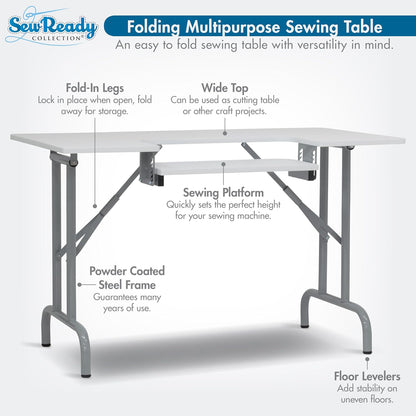 Folding Multipurpose Sewing Table - 47.5" W X 28" D Foldable White Hobby and Sewing Machine Table with Adjustable Shelf - Can Also Be Used as Computer Desk