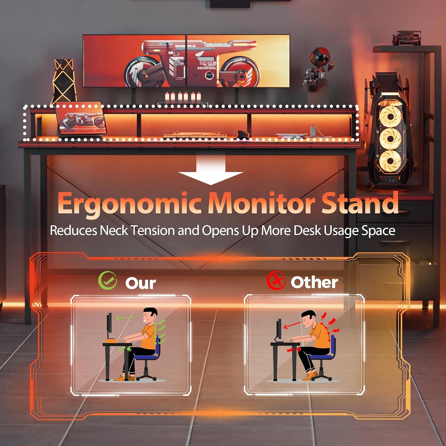 Gaming Desk with Power Outlets & LED Lights, Reversible Computer Desk with PC Case Stand, Fabric Drawers, Modern Office Desk with Shelves, Monitor Stand (Djk-White, 60 Inch)