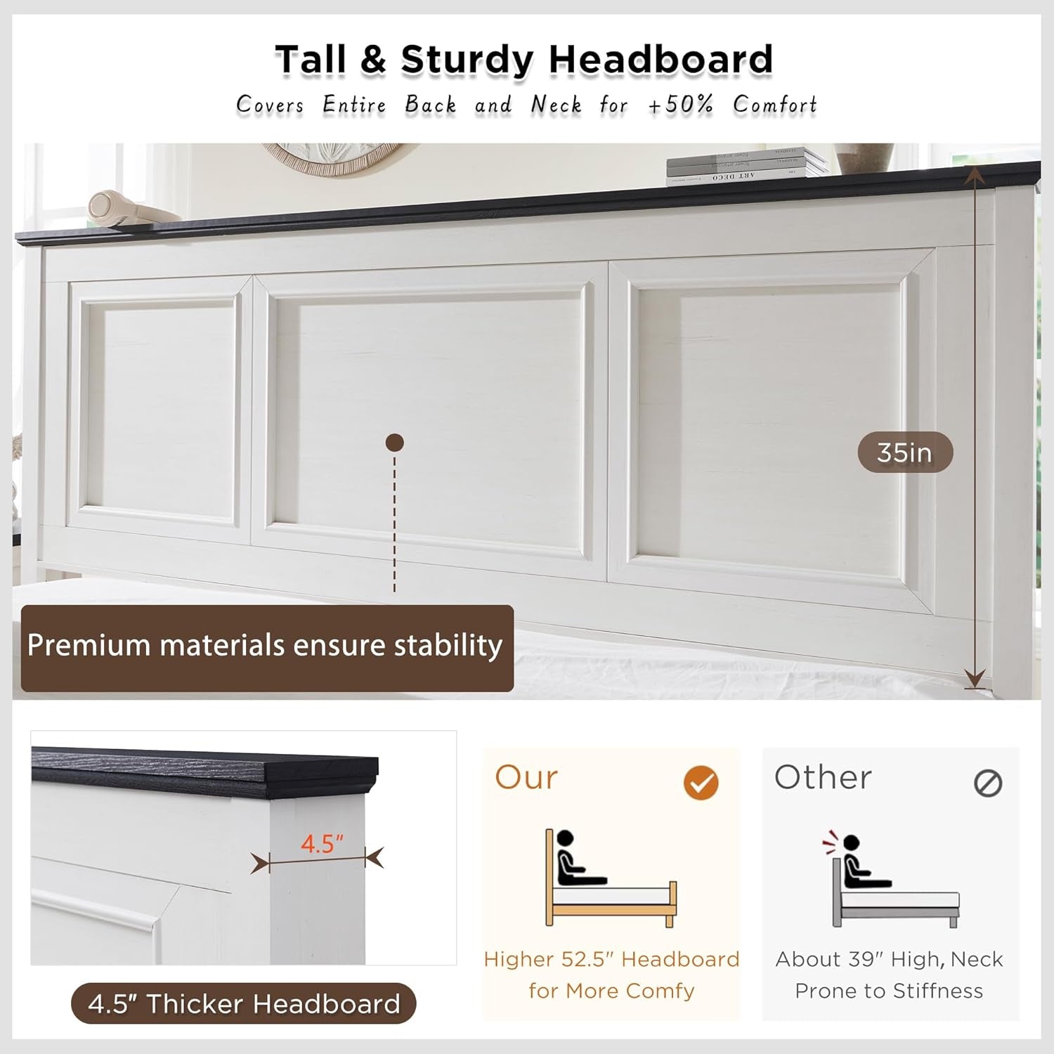 Farmhouse King Size Bed Frame with 52" Tall Headboard, Wood Platform Bedframe with Footboard and Storage Drawers, No Squeak, No Box Spring Needed, Antique White