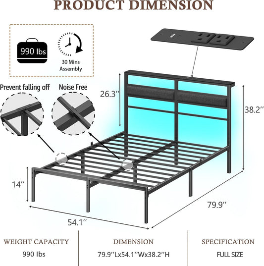 Full Size Bed Frame with Headboard, Bed Frame Full Size with LED Light and Charging Station, Black Metal Platform Bedframe and Storage Shelf, No Box Spring Needed, Noise Free