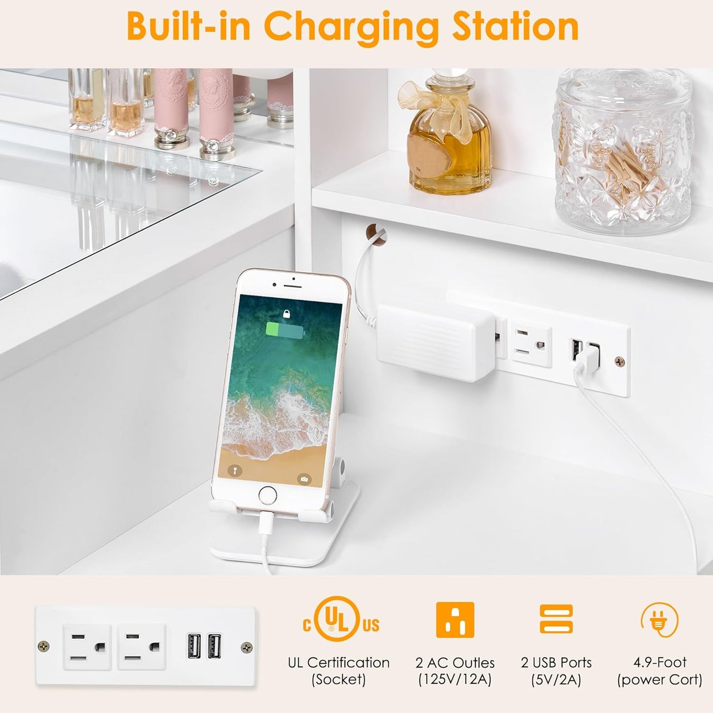 Makeup Vanity Desk with Mirror and Lights,White Vanity Table with Glass Top,Makeup Desk with Power Outlet,5 Drawers,3 Lighting Modes,Stool,Nightstand,Dressing Table for Bedroom Girls FST29W