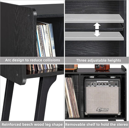 Record Player Stand with 4 Cabinet Holds up to 220 Albums, Large Black Turntable Stand with Beech Wood Legs, Mid-Century Record Player Table, Vinyl Holder Storage Shelf for Bedroom Living Room
