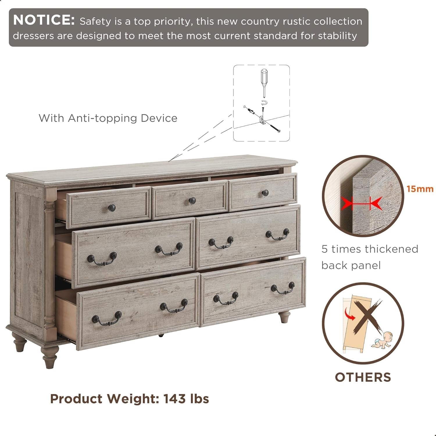 Farmhouse 7 Drawers Dresser Chests for Bedroom W/ 4 Column Solid Wood Feet, Tall Wide Wood Country Rustic Chest of Drawers, Storage Dressers for Bedroom, Living Room, Light Rustic Oak