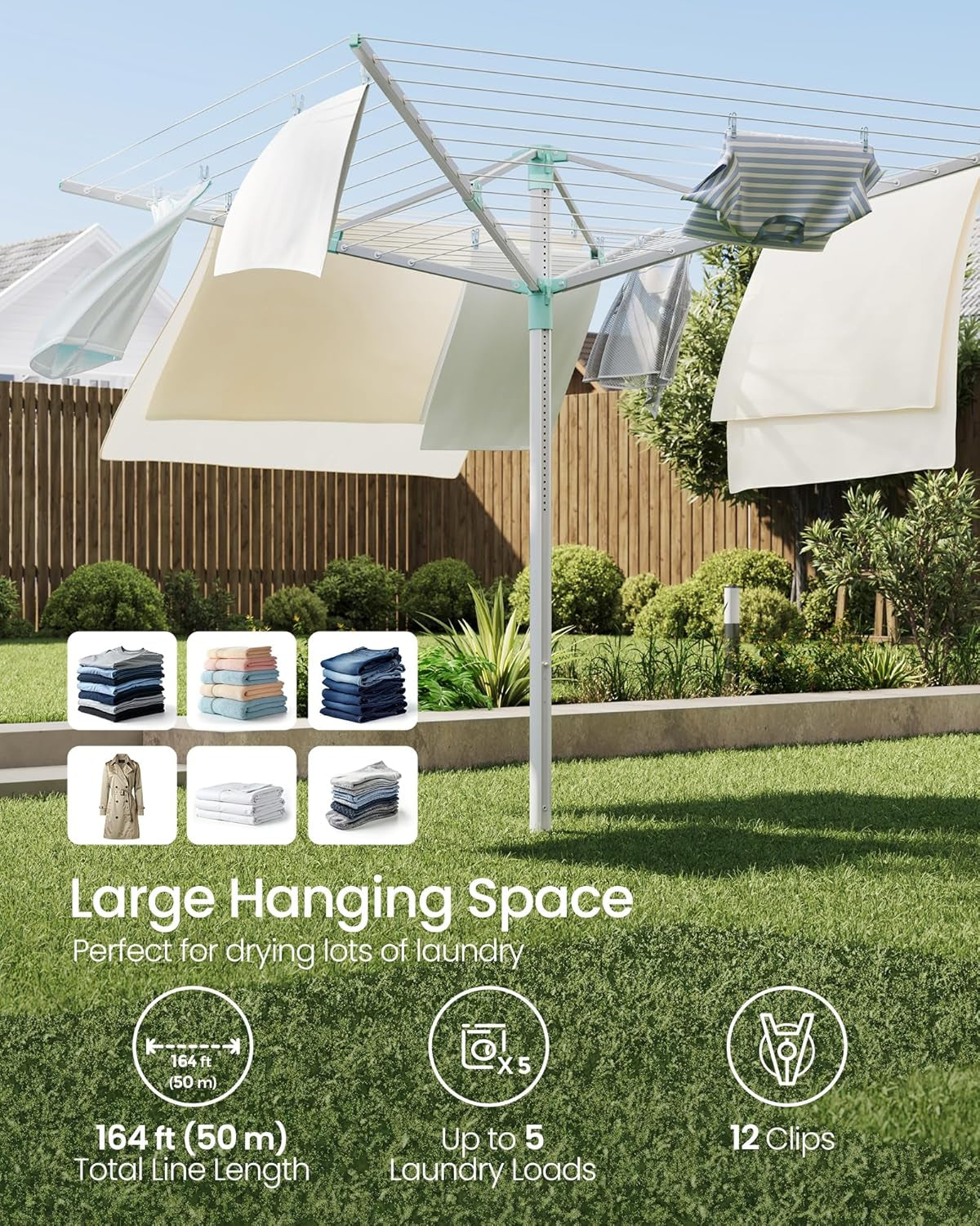 Umbrella Drying Rack, Retractable Outdoor Drying Rack, Height Adjustable, 164 Ft Long Clothesline, Holds 5 Laundry Loads, for Garden, with Ground Spike, Cover, Silver and Green ULLR301E01