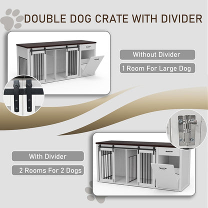 Large Dog Crate Furniture Large Breed,71 Inch Wooden Dog Crate with Tilt Out Trash Cabinet,Drawers,Divider and Sliding Barn Door, Double Doors Dogs Crate for 2 Dogs (Modern Walnut)
