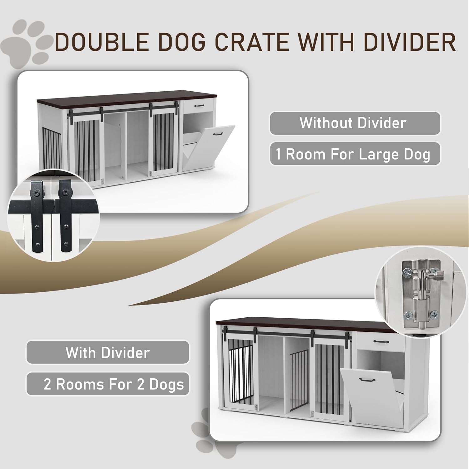Large Dog Crate Furniture Large Breed,71 Inch Wooden Dog Crate with Tilt Out Trash Cabinet,Drawers,Divider and Sliding Barn Door, Double Doors Dogs Crate for 2 Dogs (Brown)