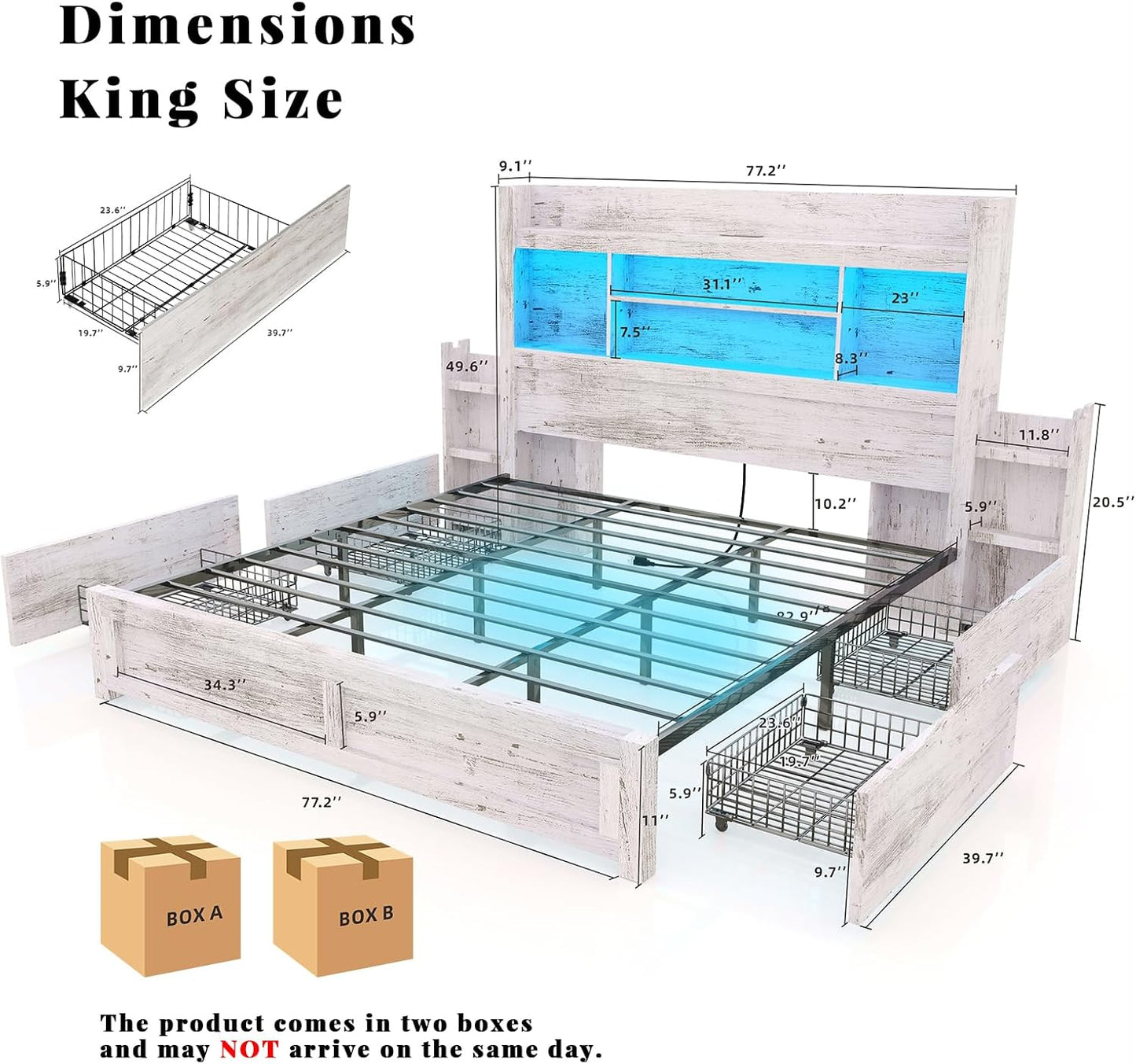 King Bed Frame with 49.6" Bookcase Headboard & 2 Bedside Stoage Racks & 4 Drawers, Farmhouse Wood Bed Frame with RGB LED & Charging Station, No Box Spring Needed, Distressed White