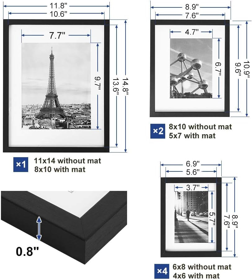 Picture Frames with 7 Mats, Set of 7 Collage Photo Frames, One 11X14, Two 8X10, Four 6X8 Frames, Hanging or Table Display, Glass, Black URPF37BK