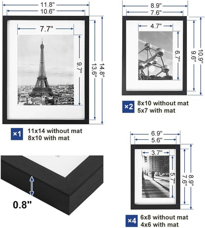 Picture Frames with 7 Mats, Set of 7 Collage Photo Frames, One 11X14, Two 8X10, Four 6X8 Frames, Hanging or Table Display, Glass, Black URPF37BK
