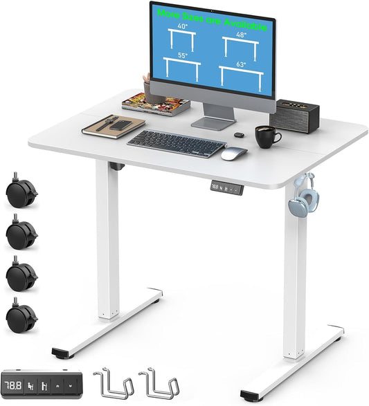 Small Height Adjustable Electric Standing Desk, 31.5" X 23.6" Sit Stand up Desk with Splice Board, Ergonomic Rising Computer Home Office Desk Table with Memory Preset, White Frame/White Top