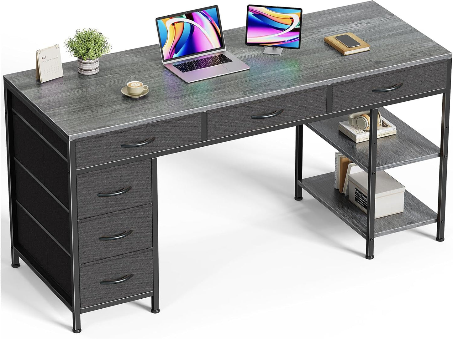 Computer Desk with 6 Drawers, 47 Inch Office Desk with Shelves, Reversible Gaming Desk, Corner Desk with Storage, Work for Home Office, Study, Living Room, Gray
