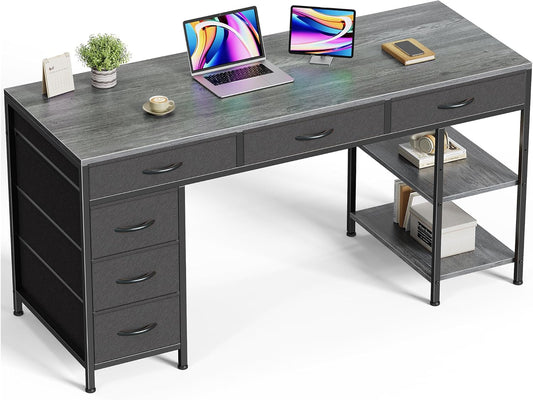Computer Desk with 6 Drawers, 47 Inch Office Desk with Shelves, Reversible Gaming Desk, Corner Desk with Storage, Work for Home Office, Study, Living Room, Gray