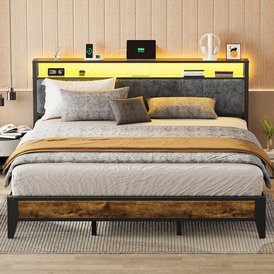 King Bed Frame with Headboard, Metal Platform Bed King Size with 2-Tier Storage, LED Light & Charging Station Type C, No Box Spring Needed, Easy Assembly