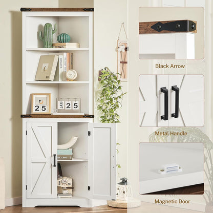 Farmhouse Corner Cabinet, 70" H Tall Corner Hutch with 5 Shelves & 2 Barn Doors, Bathroom Cabinet with Adjustable Shelf, for Living Room, Kitchen, Bathroom, White