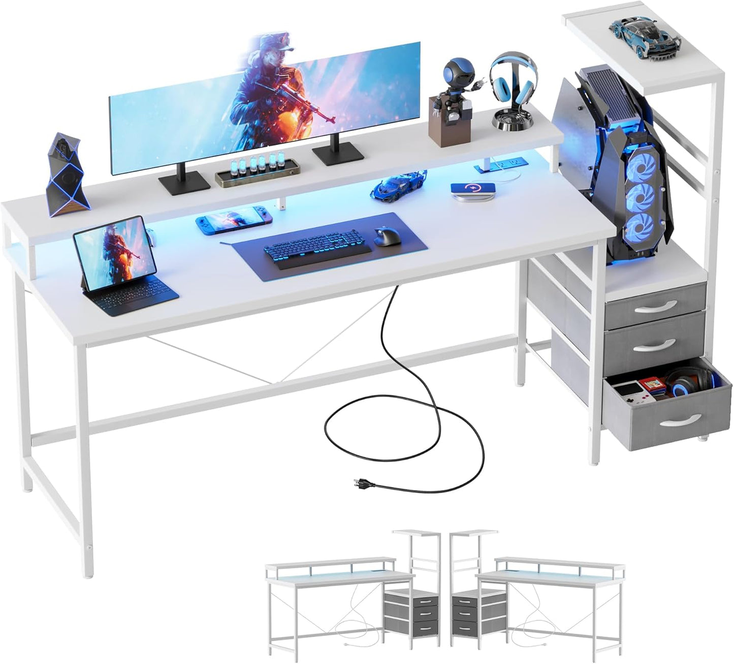 Gaming Desk with Power Outlets & LED Lights, Reversible Computer Desk with PC Case Stand, Fabric Drawers, Modern Office Desk with Shelves, Monitor Stand (Djk-White, 60 Inch)