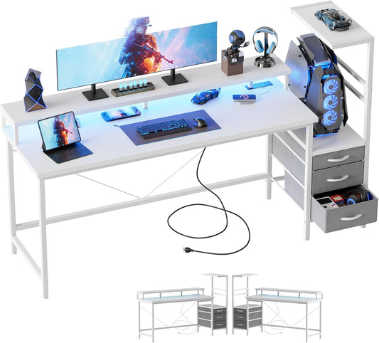 Gaming Desk with Power Outlets & LED Lights, Reversible Computer Desk with PC Case Stand, Fabric Drawers, Modern Office Desk with Shelves, Monitor Stand (Djk-White, 60 Inch)