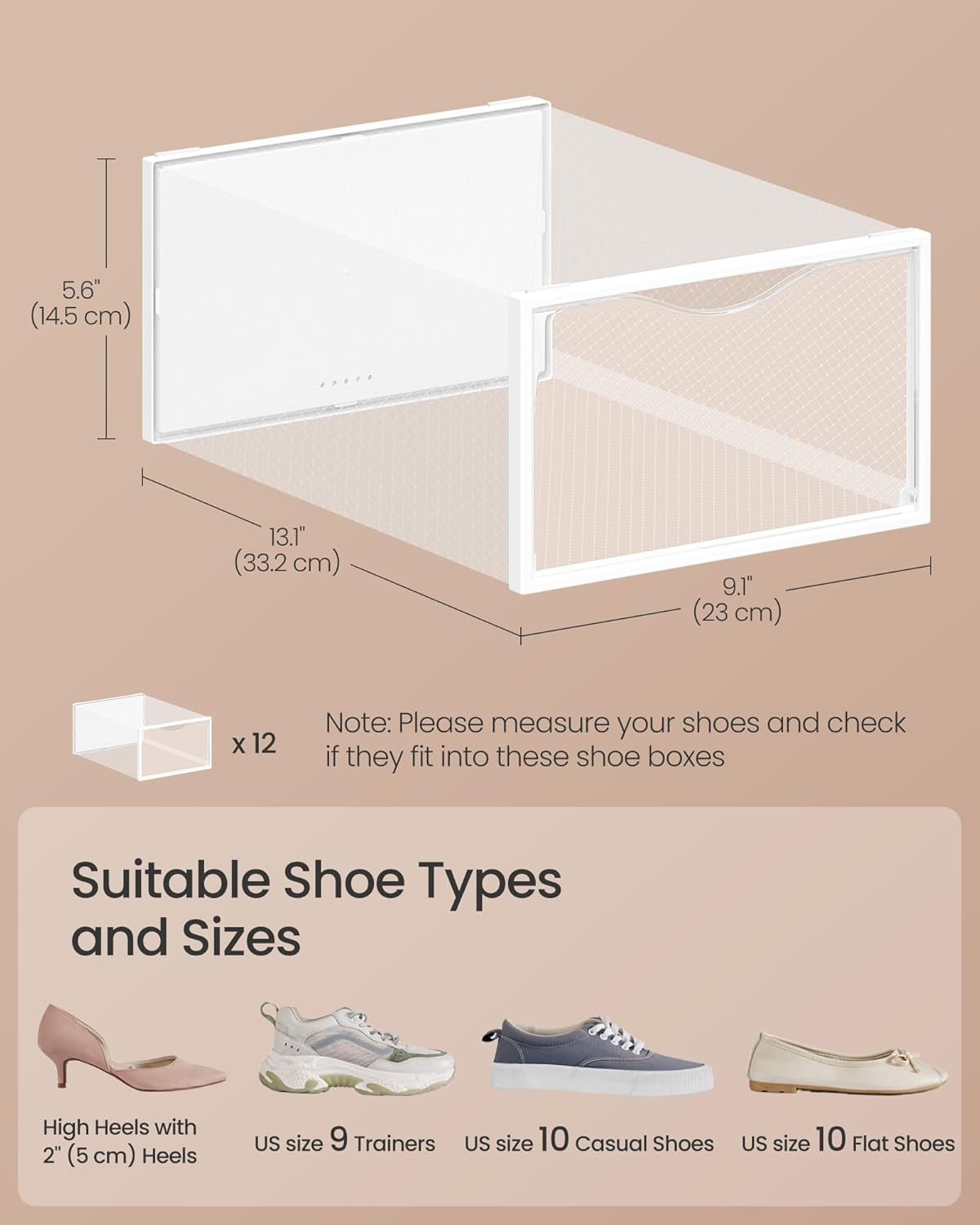 Stackable Shoe Boxes, Set of 12 Plastic Shoe Organizers with Door, Transparent, Easy Assembly, 9.1 X 13.1 X 5.6 Inches, for Shoes up to US Size 10, Transparent and Cloud White ULSP312W01