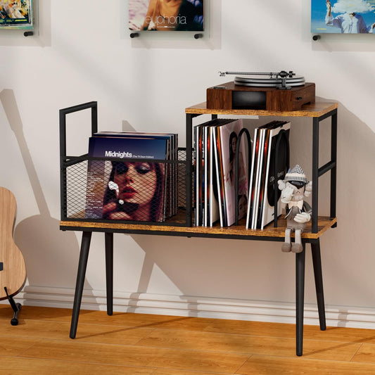 Record Player Stand with Vinyl Record Storage, Holds up to 200 Albums, Record Storage Cabinet & Record Stand, Vintage Industrial Turntable Stand with Adjustable Feet for Living Room