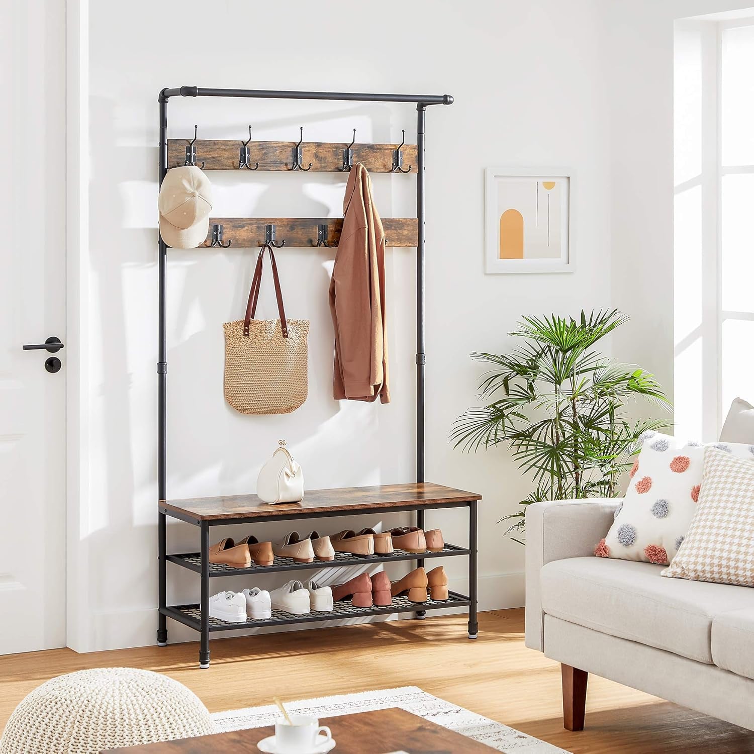 Coat Rack, Hall Tree with Shoe Storage Bench for Entryway, with 9 Hooks, a Shoe Rack, a Hanging Rod, 16.3 X 39.4 X 71.7 Inches, for Living Room, Bedroom, Oak and White UHSR047W09