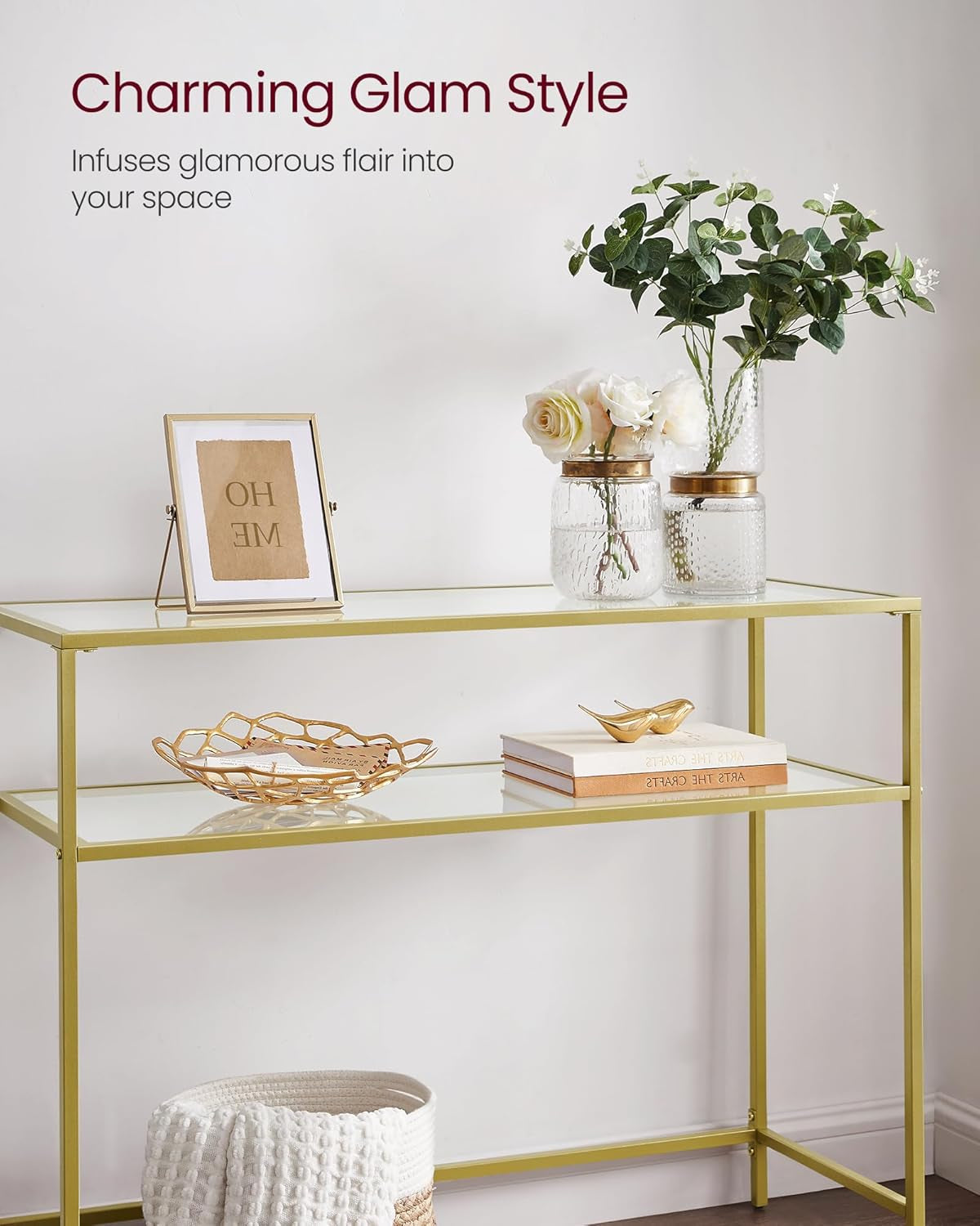 39.4 Inch Console Sofa Table, Modern Entryway Table, Tempered Glass Table, Metal Frame, 2 Shelves, Adjustable Feet, for Living Room, Hallway, Gold Color ULGT025A01