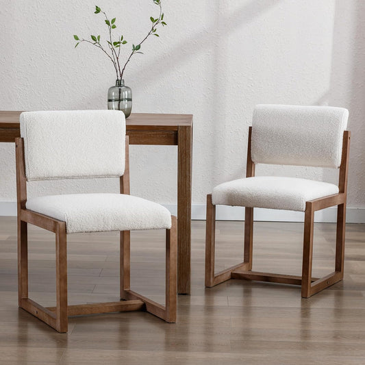 Upholstered Dining Chairs Set of 2, Mid-Century Modern Dining Room Chairs, Boucle Fabric Kitchen Side Chairs with Wood Legs, White