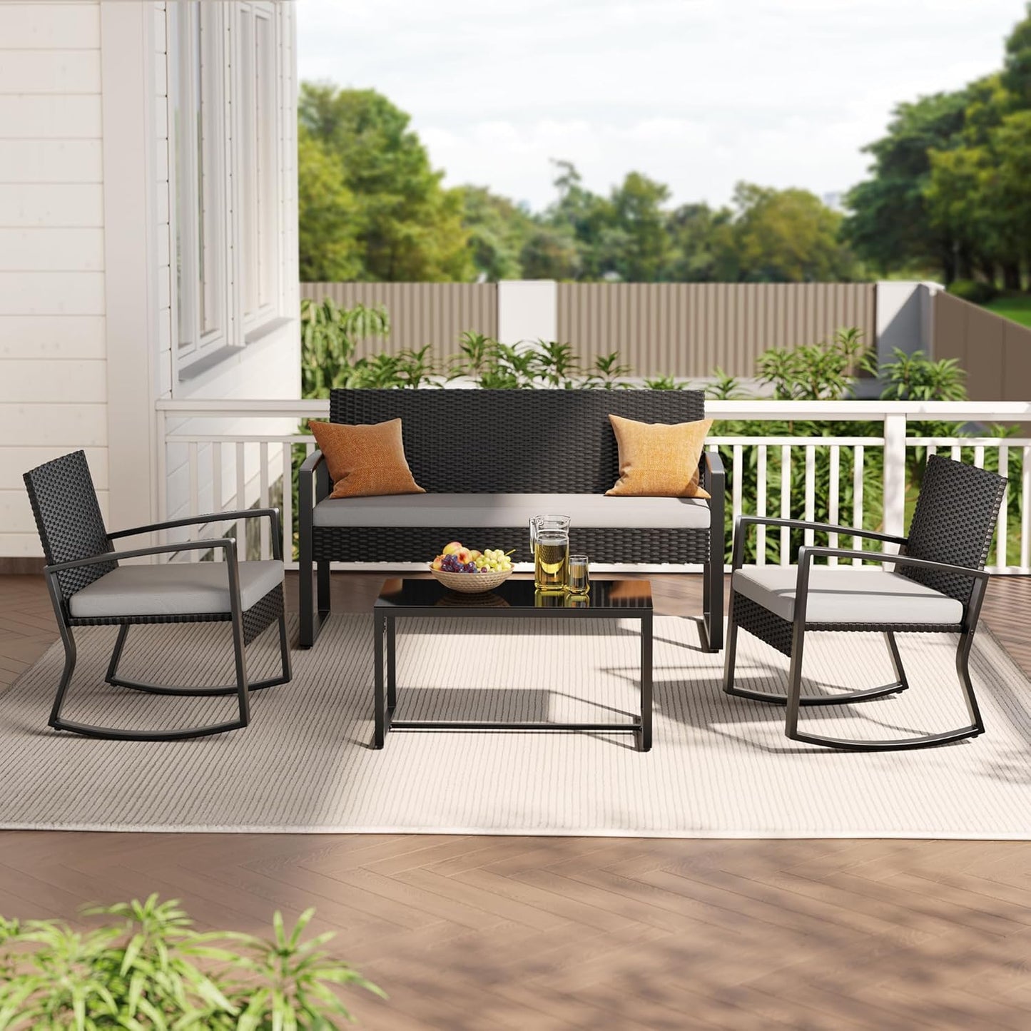 4 Piece Outdoor Patio Furniture Set, Wicker Patio Furniture with Glass Coffee Table, Rocking Wicker Bistro Set, for Backyard, Poolside, Porch (Grey)